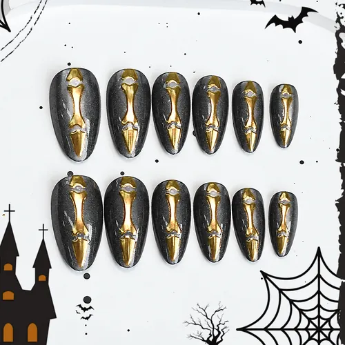 Skull Gold Foil Cat Eye Halloween Almond Press-On Nails photo 2