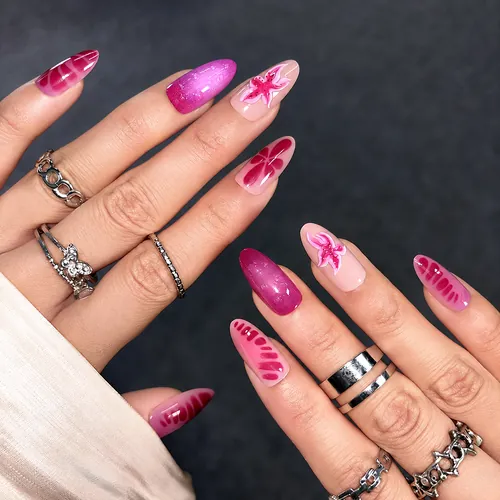 Magenta Starfish 3D Gel Cat Eye Short Almond Press-On Nails photo 2