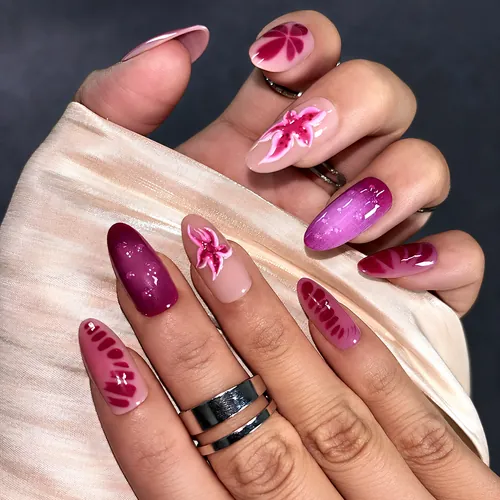 Magenta Starfish 3D Gel Cat Eye Short Almond Press-On Nails photo 4