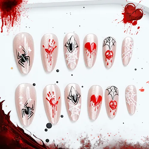 Heart and Spider Halloween Cat Eye Almond Press-On Nails photo 2