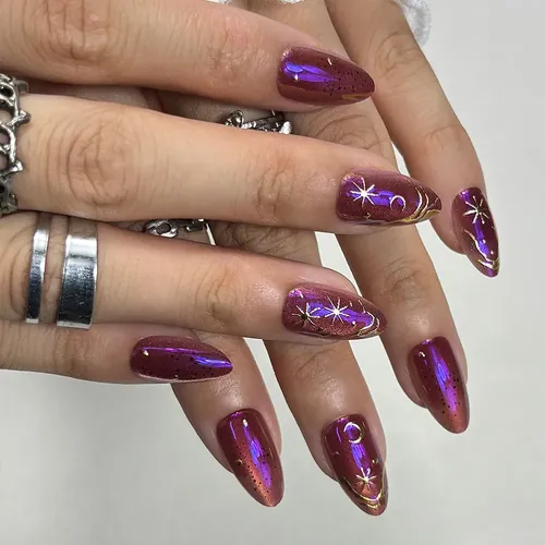 Dark Chrome Star and Moon Polarized Cat Eye Short Almond Press-On Nails photo 4
