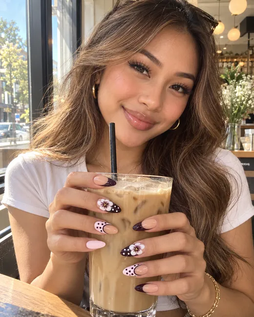 Styled look wearing NL-758525 Polka Dot Floral French Almond Press-On Nails