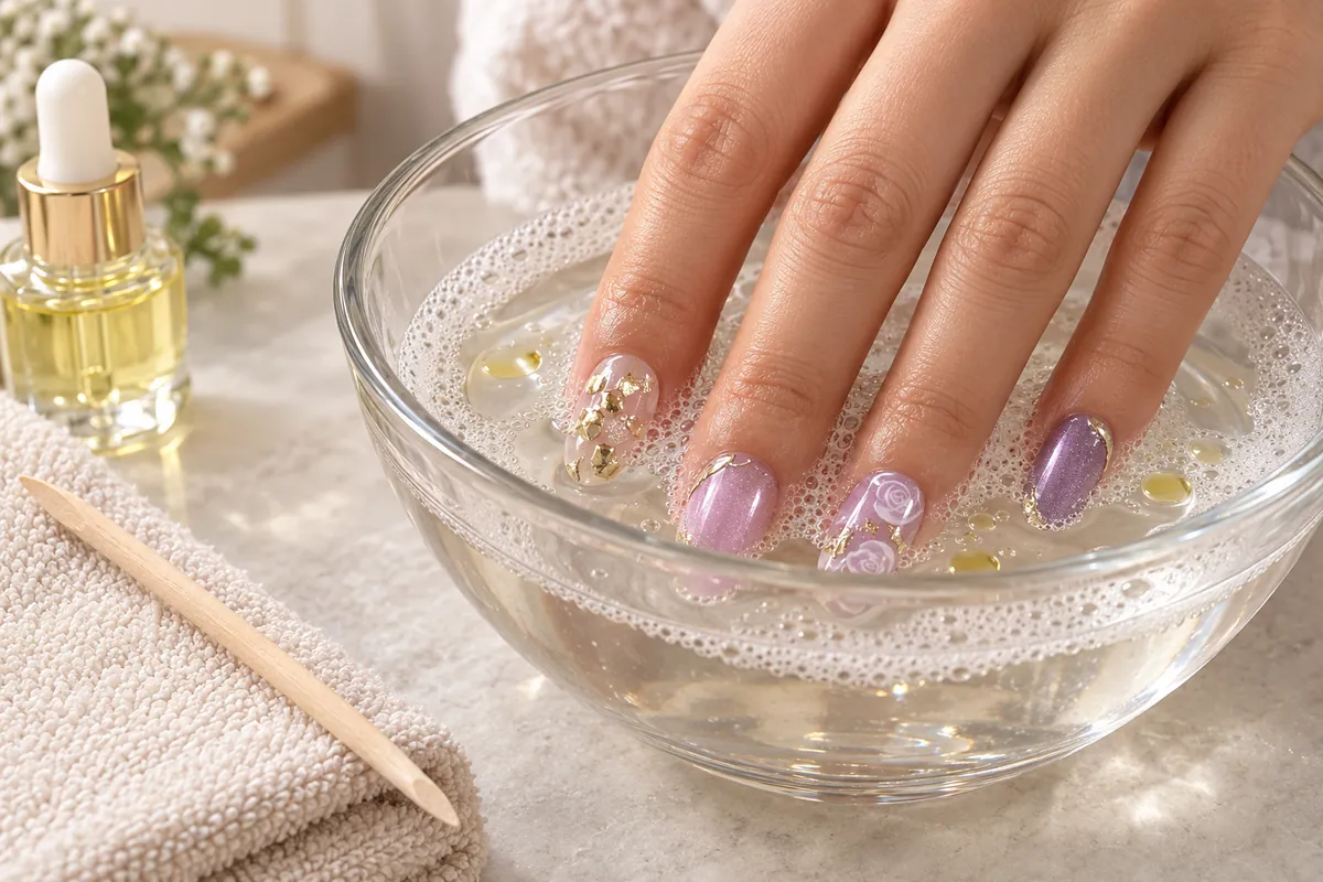 Soaking press-on nails in warm soapy water to remove them