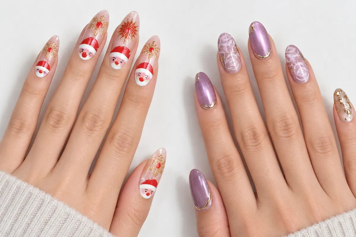 Almond and oval press-on nails compared on two hands