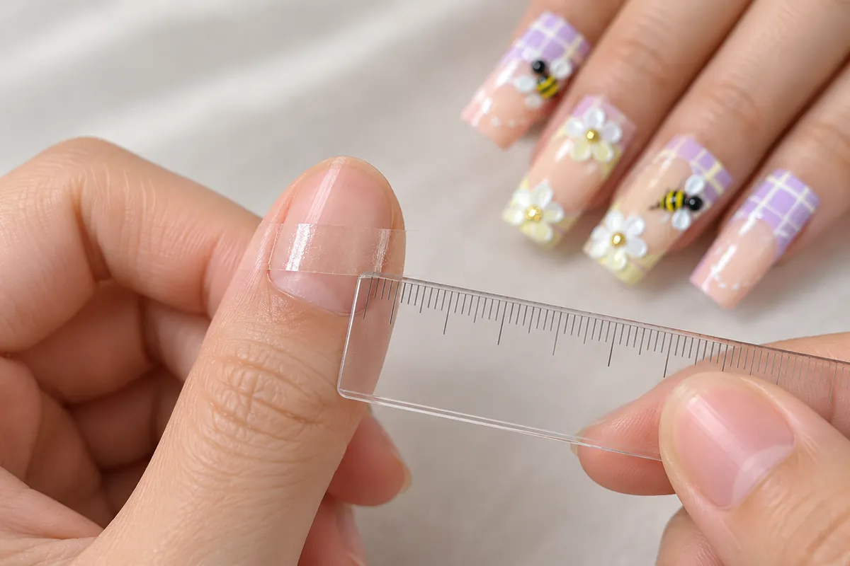 Measuring the width of a natural nail with clear tape
