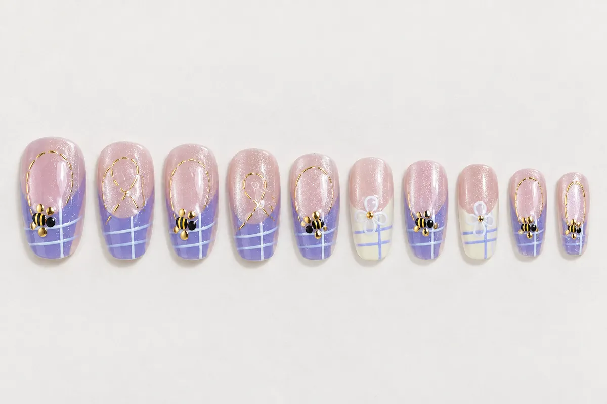 A press-on nail set laid out from the widest to the narrowest tip
