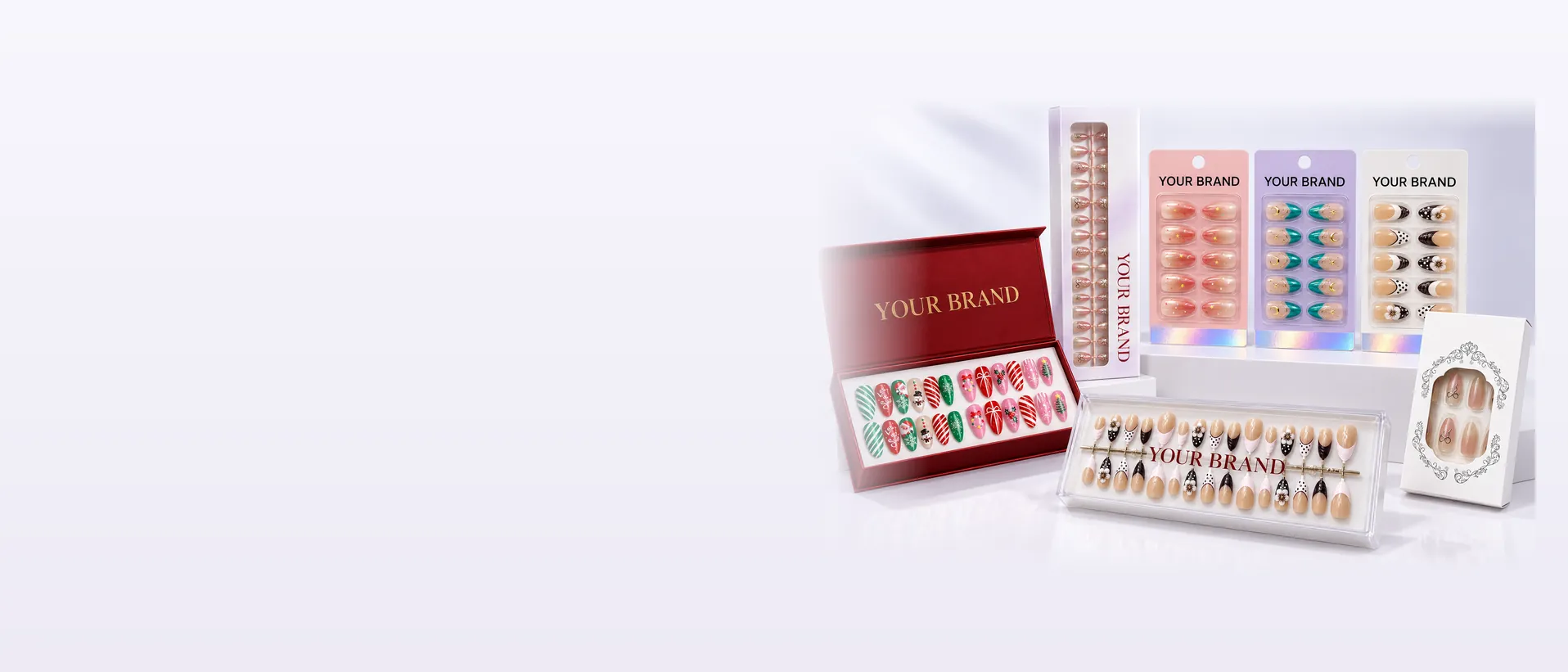 Press-on nail packaging mockups: gift box, blister cards, clear-lid box and window box with a sample brand