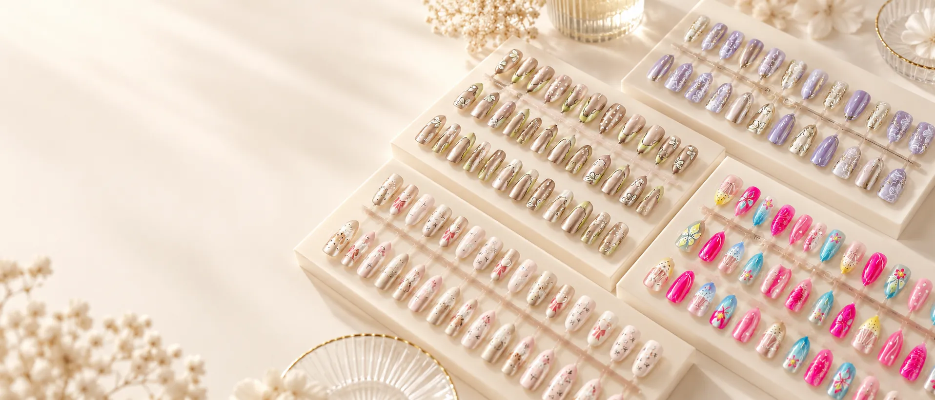 Trays of ready-to-ship Nailyue press-on nail sets
