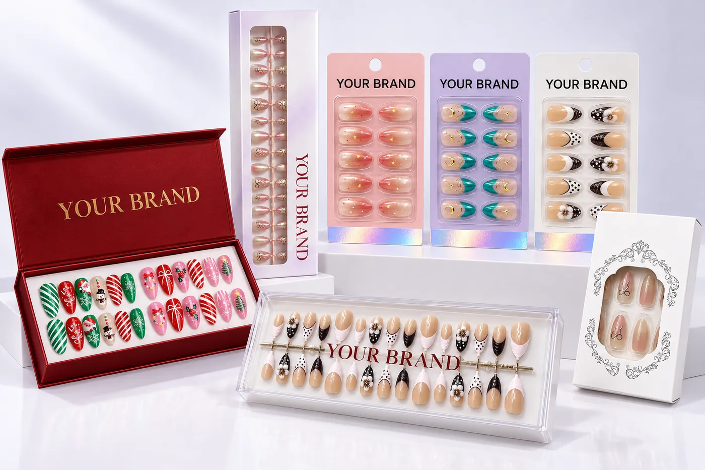 Private label press-on nail packaging formats with a sample brand name