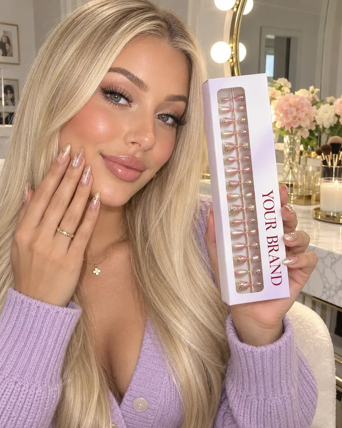 Styled look holding press-on nails in branded packaging