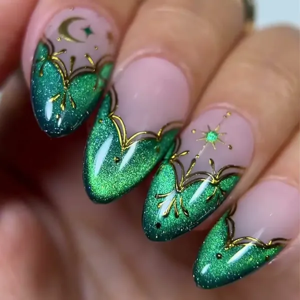Green French Rhinestone Star Cat Eye Almond Press-On Nails
