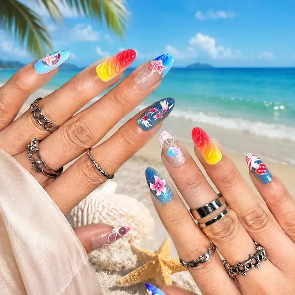 Beach Vacation Embossed Painted Short Almond Press-On Nails photo 2