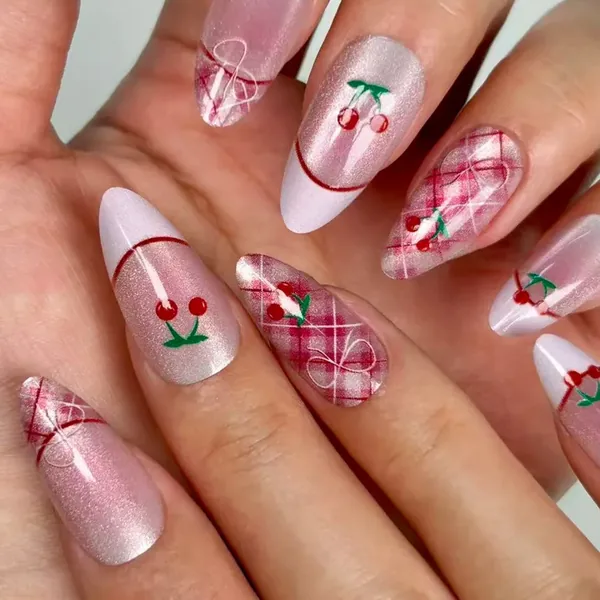 Cherry and Bow French Cat Eye Almond Press-On Nails photo 2