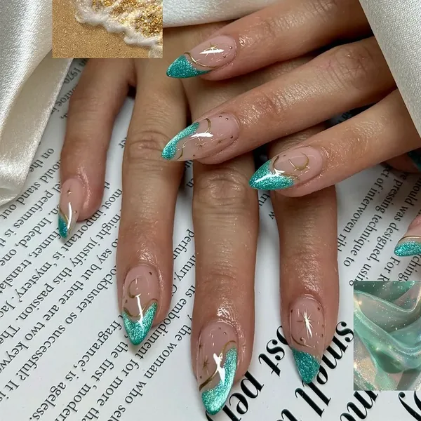Ocean Star and Moon Gold Foil Cat Eye Almond Press-On Nails photo 2