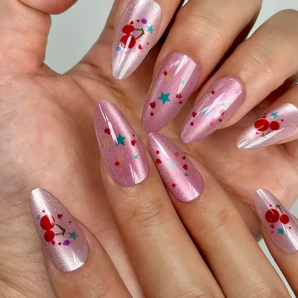 Red Cherry and Heart Cat Eye Almond Press-On Nails photo 2