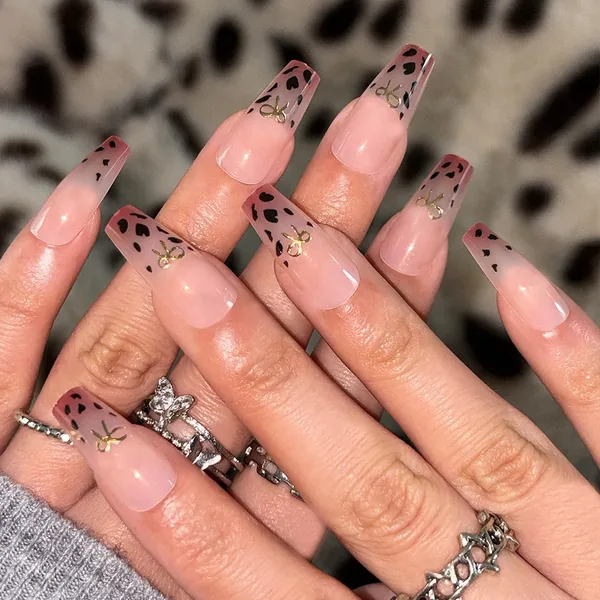 Nude Ombré Leopard Gold Foil Medium Square Press-On Nails