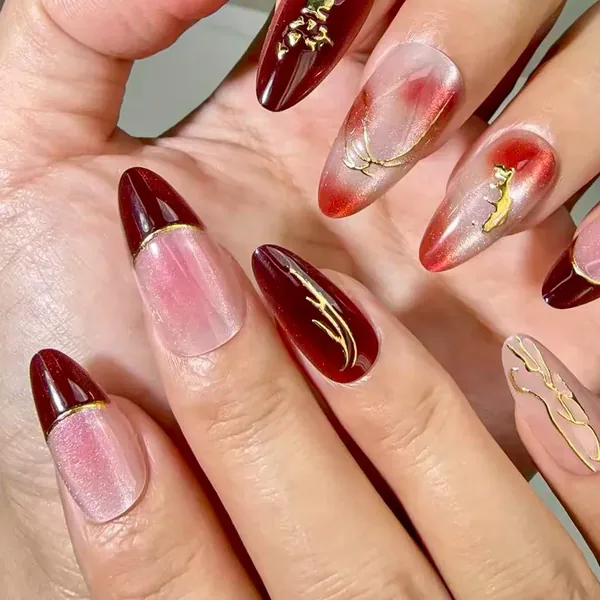 Flower Gold Foil French Almond Press-On Nails photo 2