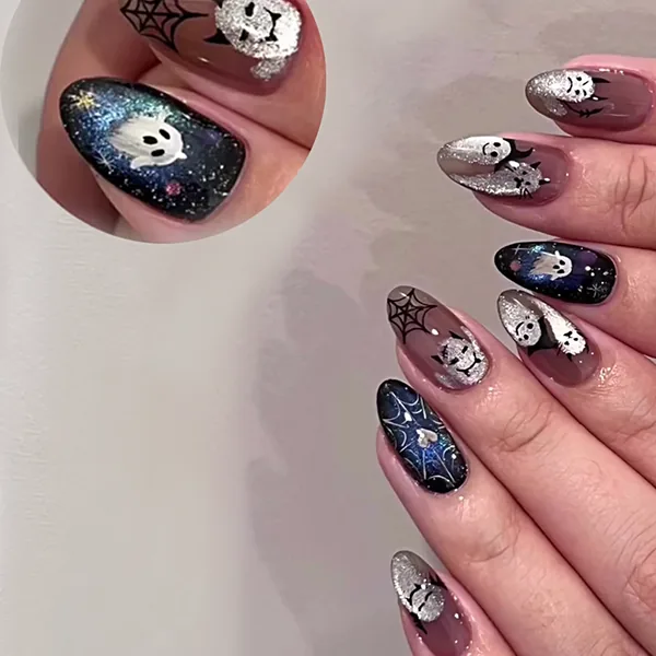 Ghost and Starry Sky Halloween Cat Eye Press-On Nails photo 2