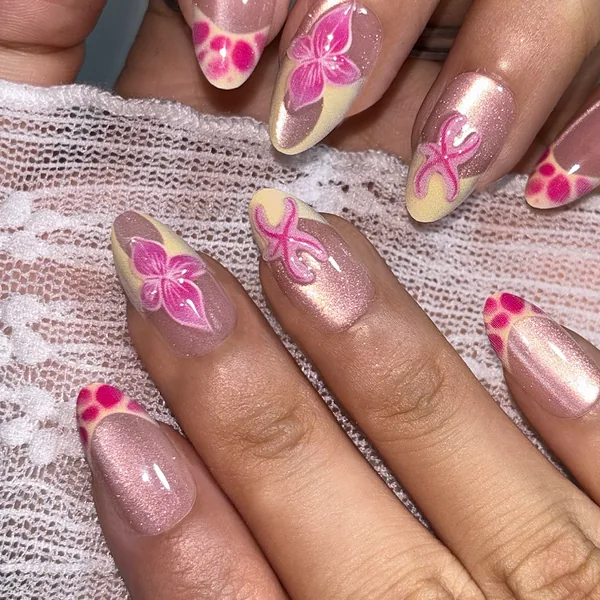 3D Gel Flower French Cat Eye Short Almond Press-On Nails photo 2