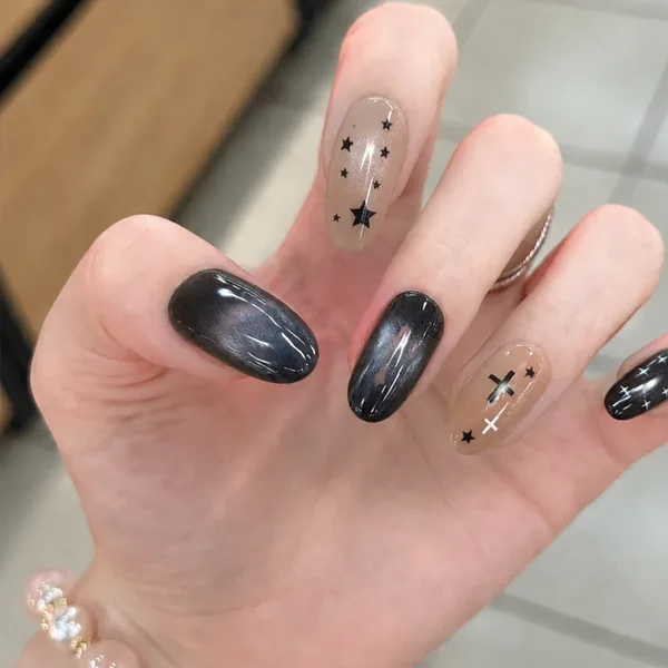 Pink and Black Cross Cat Eye Oval Press-On Nails photo 2
