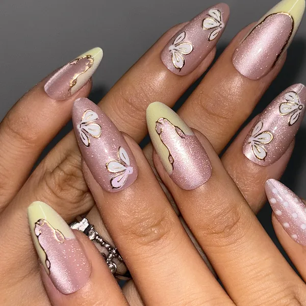 Butterfly Flower White Gold Foil French Almond Press-On Nails photo 2