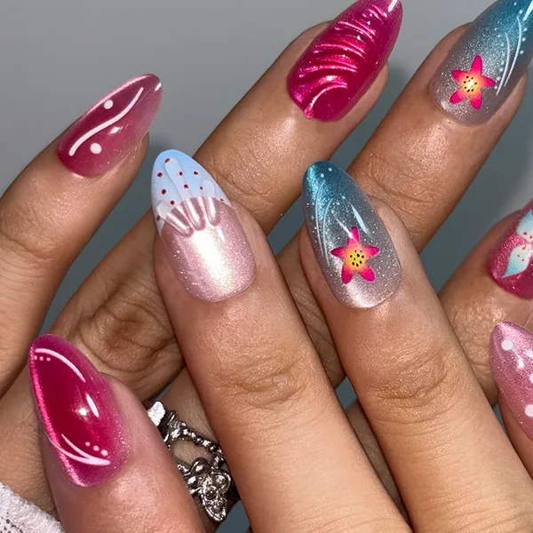 3D Gel Flower Blush Cat Eye Short Almond Press-On Nails photo 2