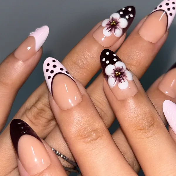 Polka Dot Floral French Almond Press-On Nails photo 3