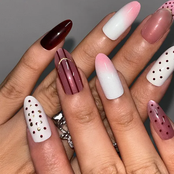 Soft Polka Dot and Stripe Ombré Cat Eye Almond Press-On Nails photo 2