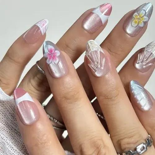 3D Blossom French Ombré Cat Eye Short Almond Press-On Nails photo 2