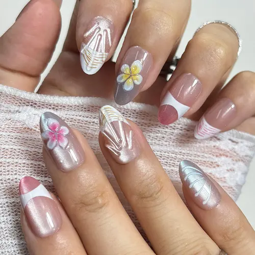 3D Blossom French Ombré Cat Eye Short Almond Press-On Nails photo 3