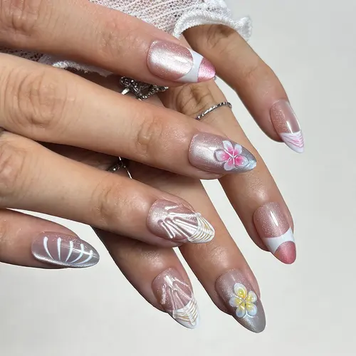 3D Blossom French Ombré Cat Eye Short Almond Press-On Nails photo 4