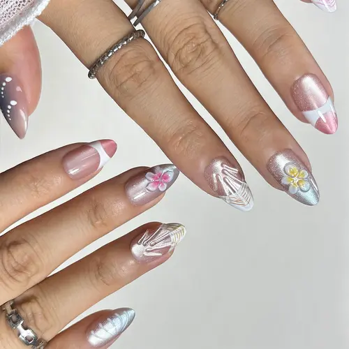 3D Blossom French Ombré Cat Eye Short Almond Press-On Nails photo 5