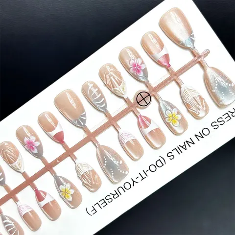3D Blossom French Ombré Cat Eye Short Almond Press-On Nails design 1