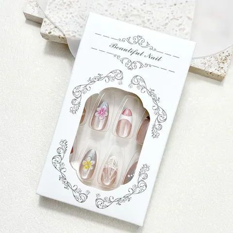 3D Blossom French Ombré Cat Eye Short Almond Press-On Nails design 2