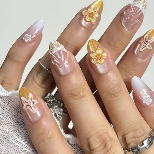 3D Flower Gold-Edge French Cat Eye Short Almond Press-On Nails photo 2