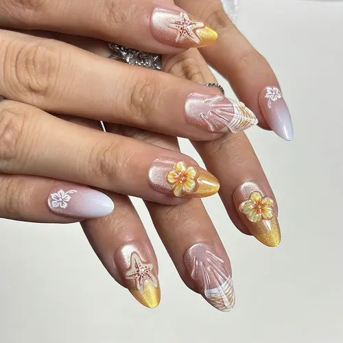 3D Flower Gold-Edge French Cat Eye Short Almond Press-On Nails photo 3