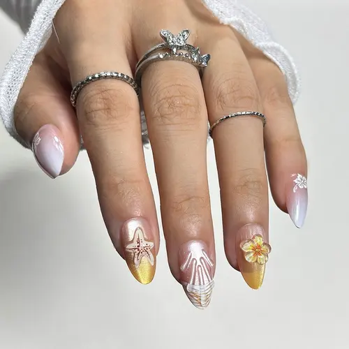 3D Flower Gold-Edge French Cat Eye Short Almond Press-On Nails photo 4