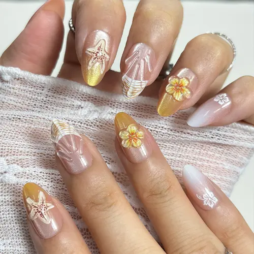 3D Flower Gold-Edge French Cat Eye Short Almond Press-On Nails photo 5