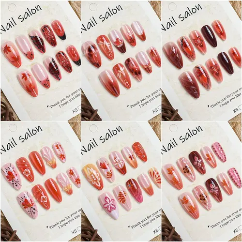 3D Gel Maple Leaf Cat Eye Almond Press-On Nails photo 3
