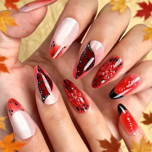 3D Gel Maple Leaf Cat Eye Almond Press-On Nails photo 4