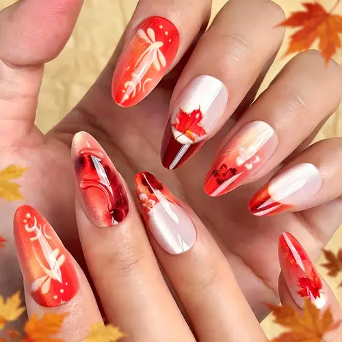 3D Gel Maple Leaf Cat Eye Almond Press-On Nails photo 5