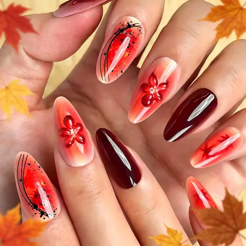 3D Gel Maple Leaf Cat Eye Almond Press-On Nails photo 6