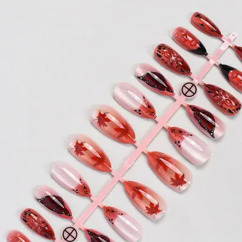 3D Gel Maple Leaf Cat Eye Almond Press-On Nails design 1