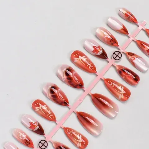 3D Gel Maple Leaf Cat Eye Almond Press-On Nails design 3