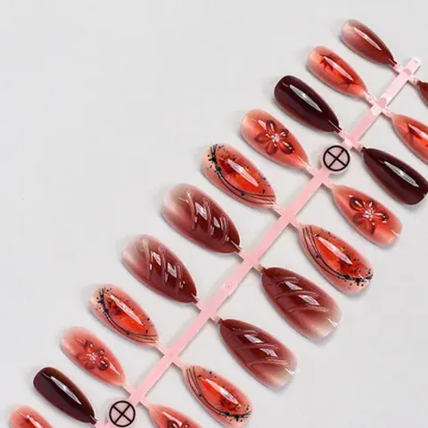 3D Gel Maple Leaf Cat Eye Almond Press-On Nails design 5