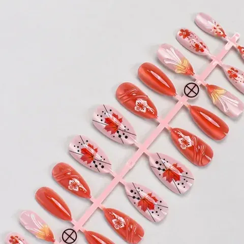 3D Gel Maple Leaf Cat Eye Almond Press-On Nails design 7