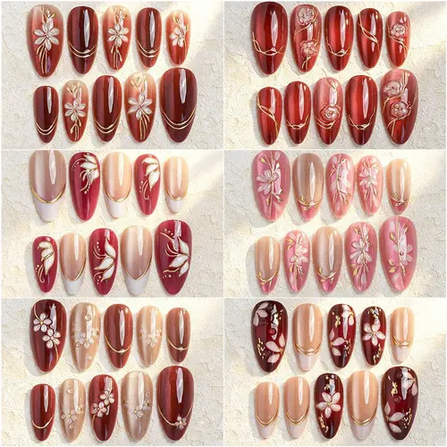 3D Red Flower Gold Foil Cat Eye Almond Press-On Nails photo 2