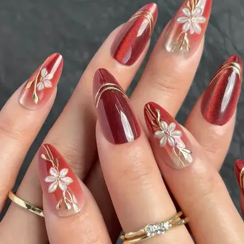 3D Red Flower Gold Foil Cat Eye Almond Press-On Nails photo 3