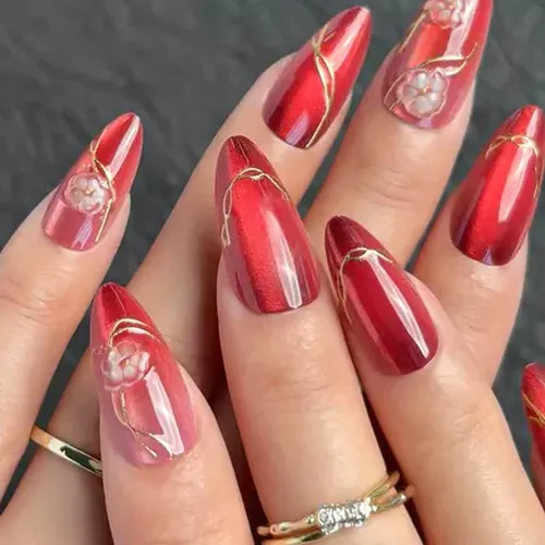 3D Red Flower Gold Foil Cat Eye Almond Press-On Nails photo 4