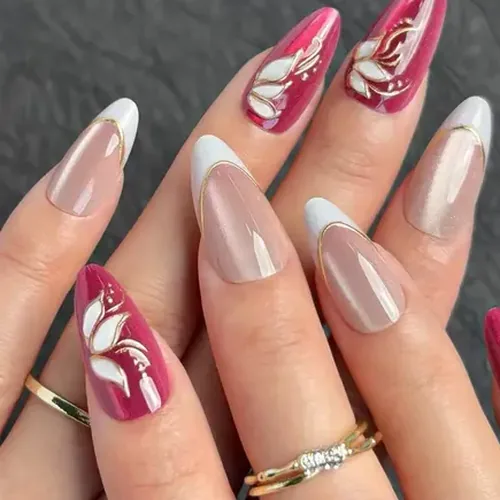 3D Red Flower Gold Foil Cat Eye Almond Press-On Nails photo 5